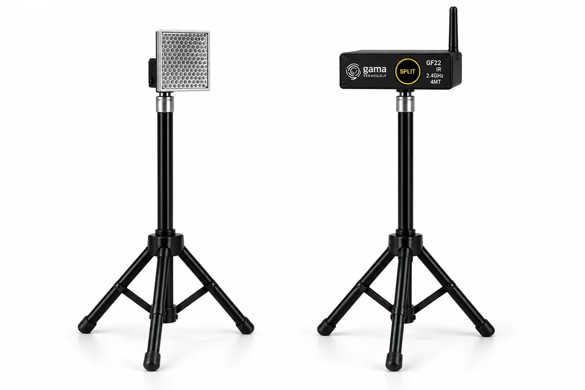 GAMA Teknoloji kablosuz ara zaman sensörü seti; iki tripod üzerinde GF22 SPLIT sensörü ve reflektör