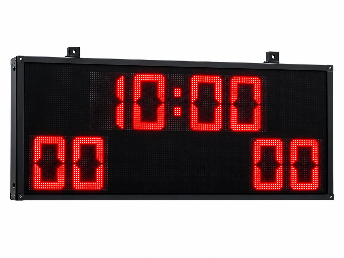 GAMA Teknoloji P10 LED futbol skorbordu; beyaz fonda siyah alüminyum kasa, kırmızı maç süresi ve takım skorları
