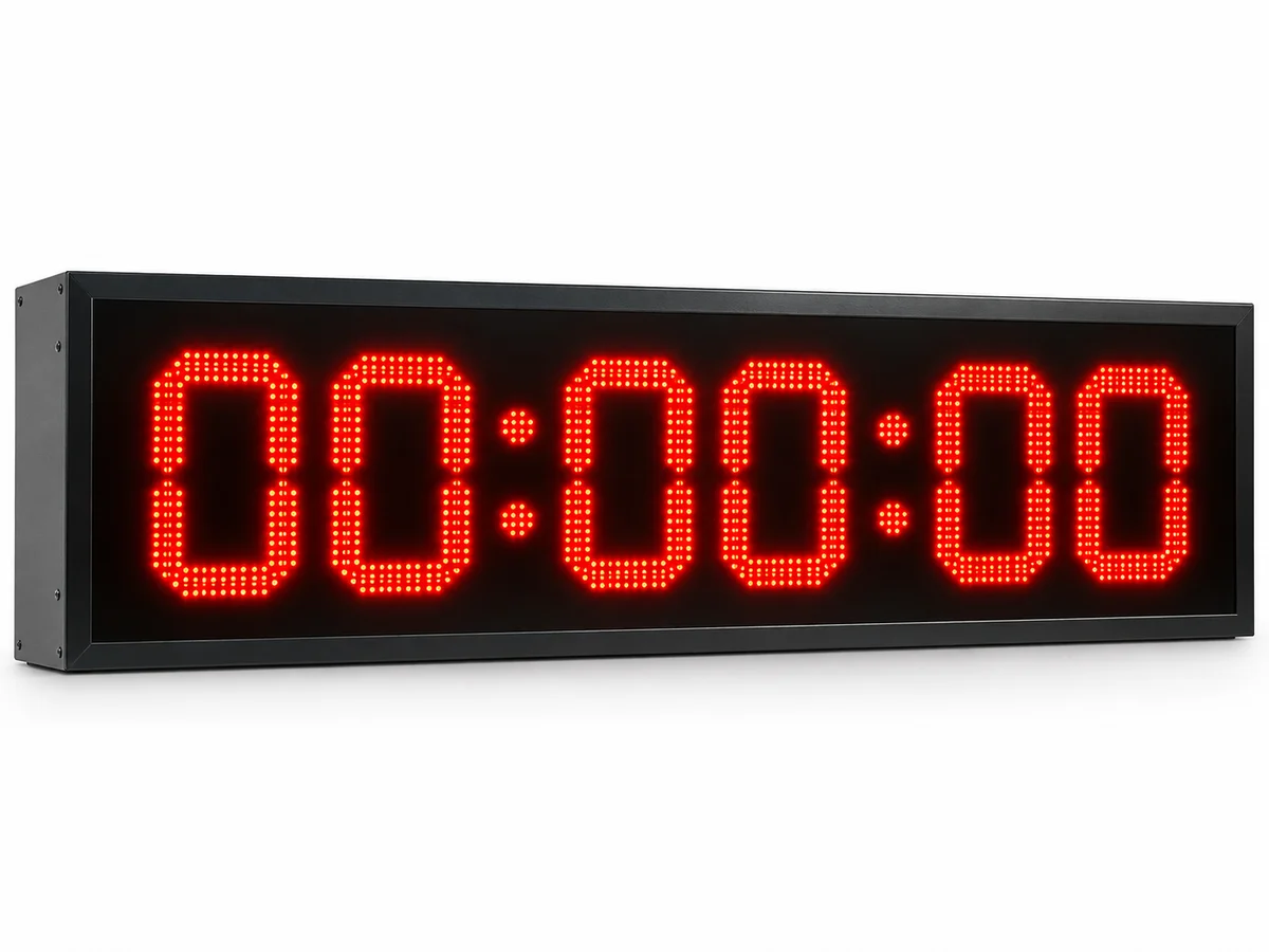GAMA Teknoloji 128×48 cm büyük boy dış mekân dijital LED saat; beyaz arka planda kırmızı LED 00:00:00 gösterimli ürün.