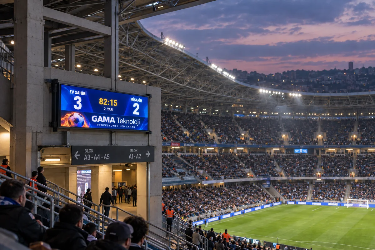 GAMA Teknoloji 480×192 cm P4 RGB LED futbol stadyum skorbordu; skor, maç süresi ve sponsor reklamı gösterimi 2