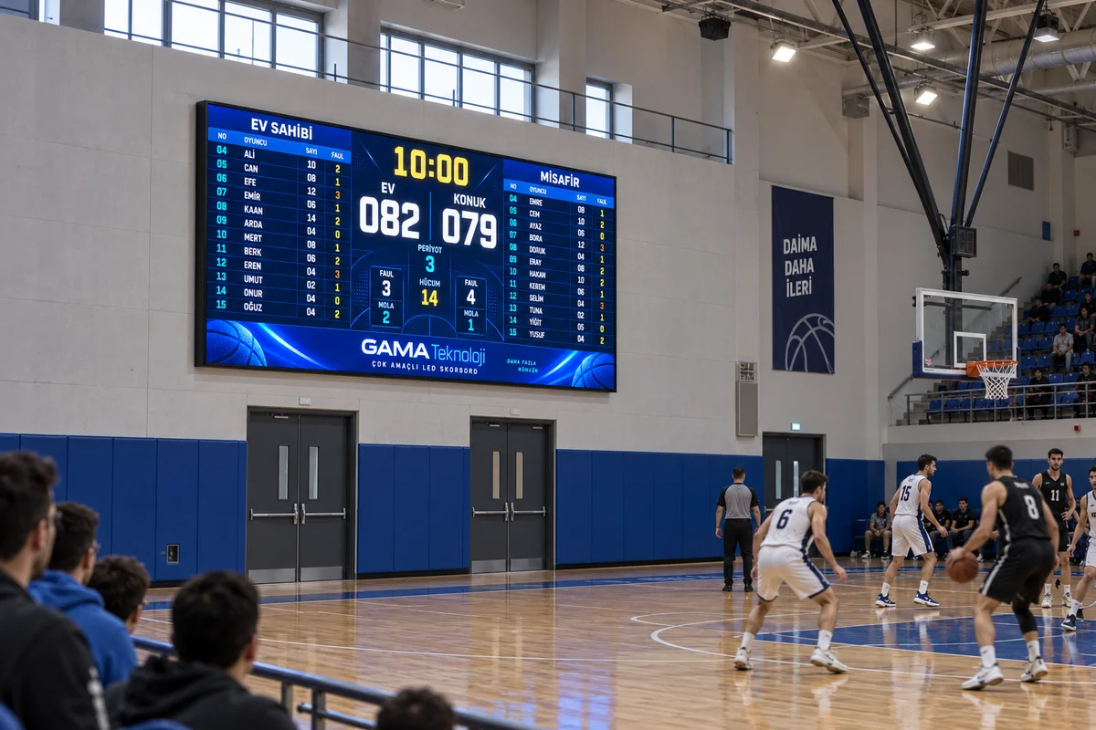 GAMA Teknoloji 480×192 cm P2.8 RGB basketbol skorbordu; oyuncu isimleri, bireysel sayı ve faul göstergeleri 2