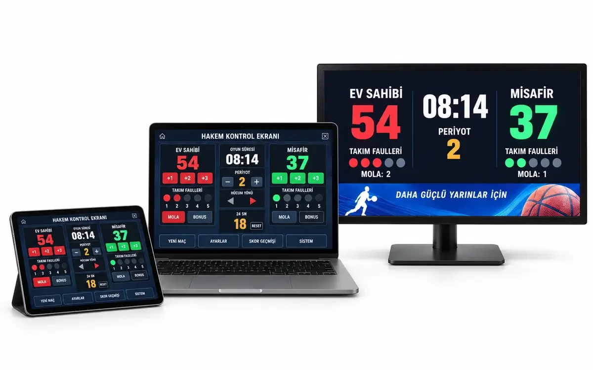Hakem kontrol ekranı ve ayrı seyirci monitöründe profesyonel skorbord yazılımı.